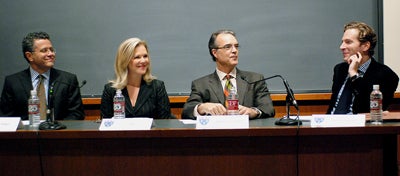 Panelists Jeffrey Toobin, Lis Wiehl, and James Stewartwith moderator Professor Noah Feldman