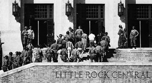 A scene from the integration of Little Rock Central High School in 1957