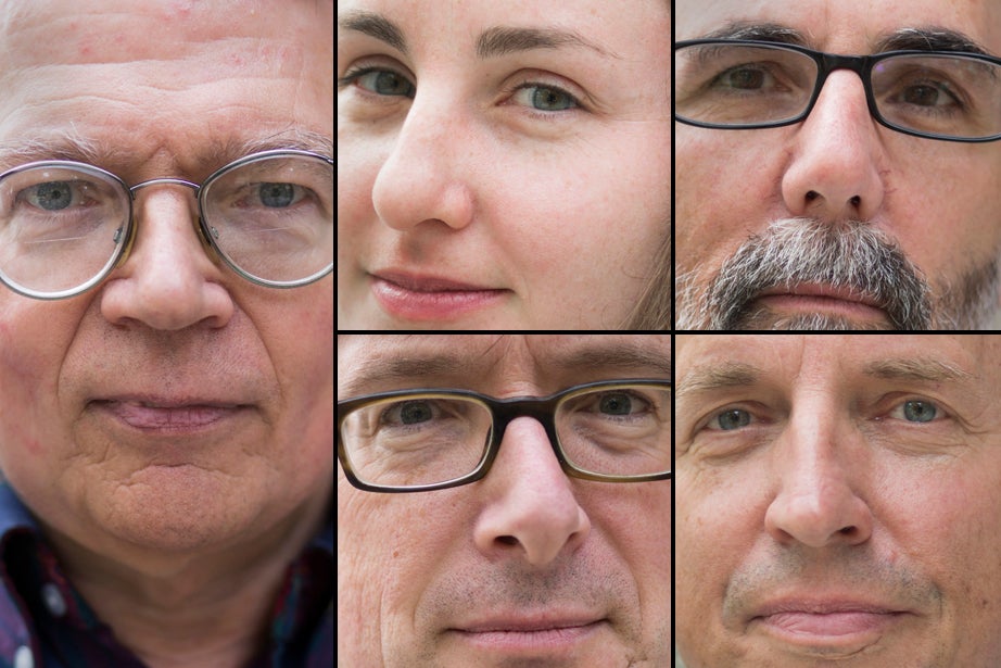 Collage of five close-up faces, 4 white men and one white woman