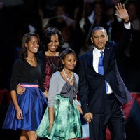 Michelle Obama '88 and Barack Obama '91 with their daughters on election night