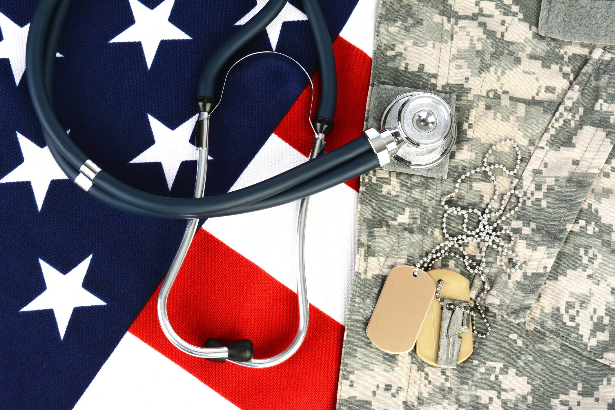 Military fatigues and dog tags on an American Flag with a stethoscope to illustrate health care in the armed services.