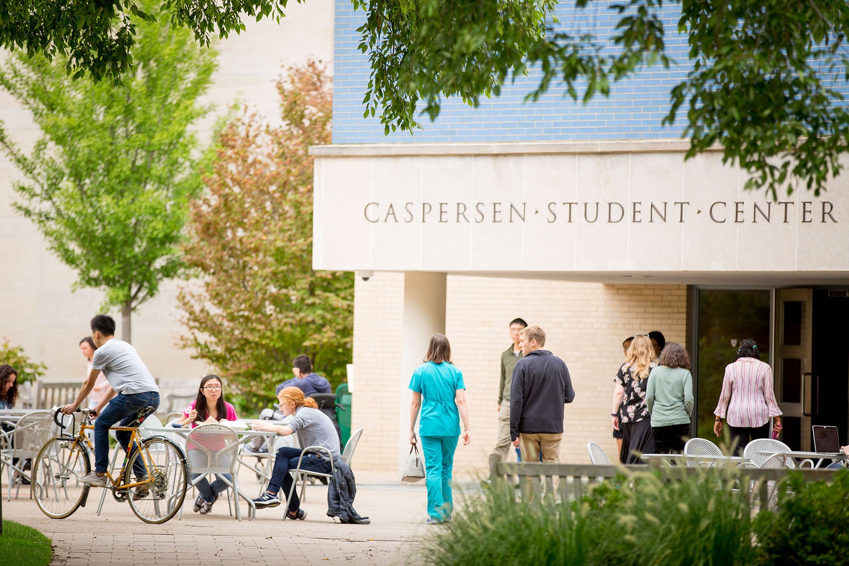 Students walking, biking, and standing outside.