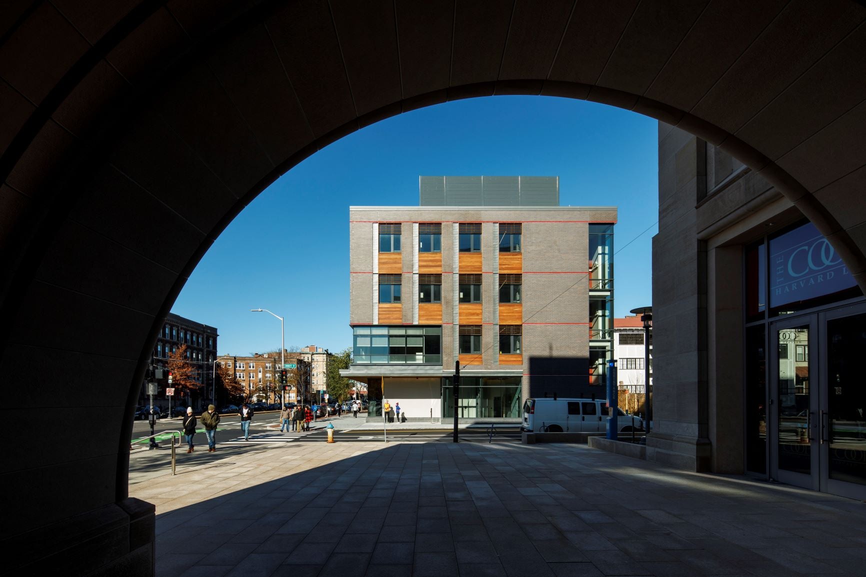 view of a building through an arch