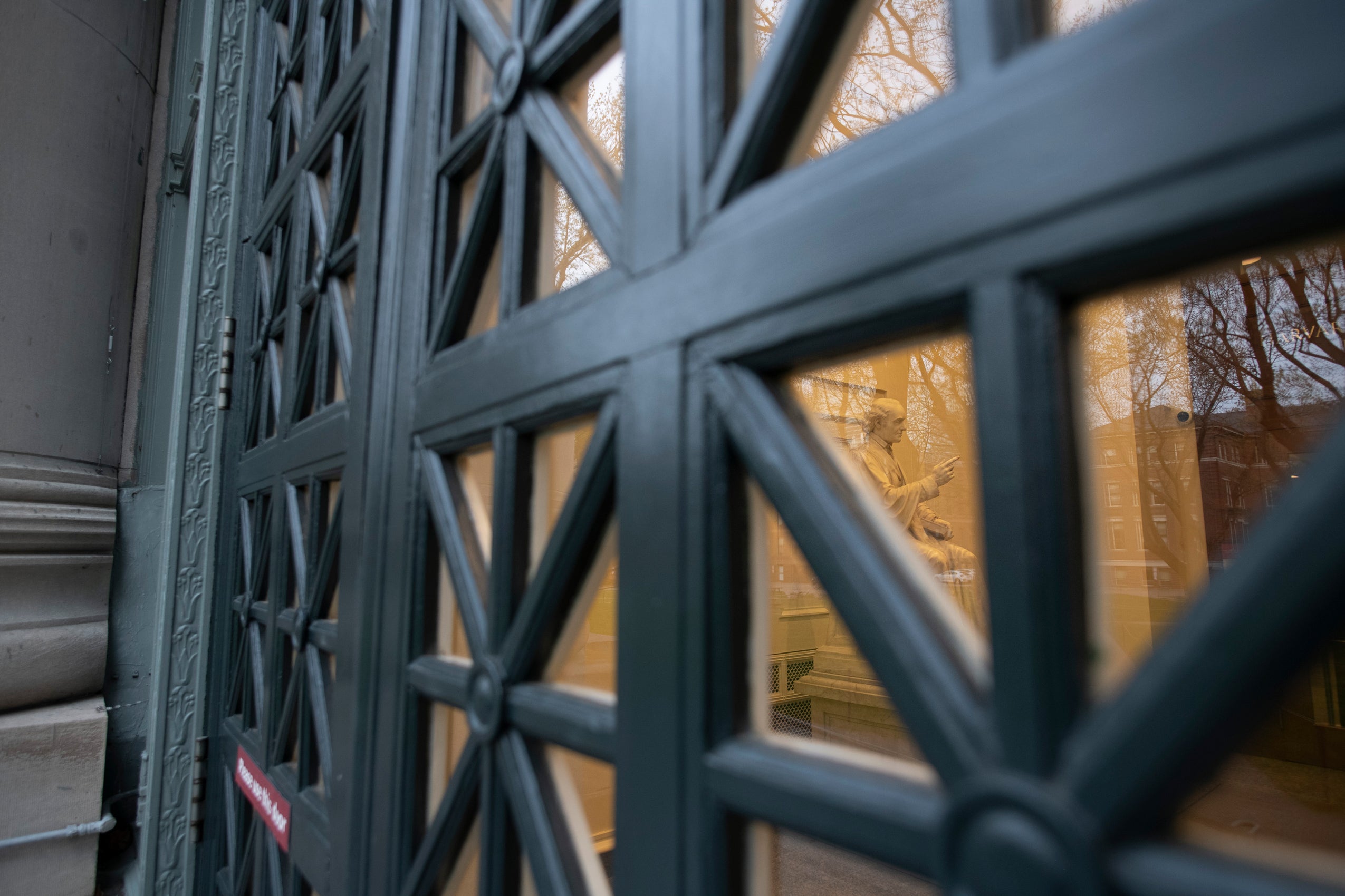 A view through the doorway of a building in early evening
