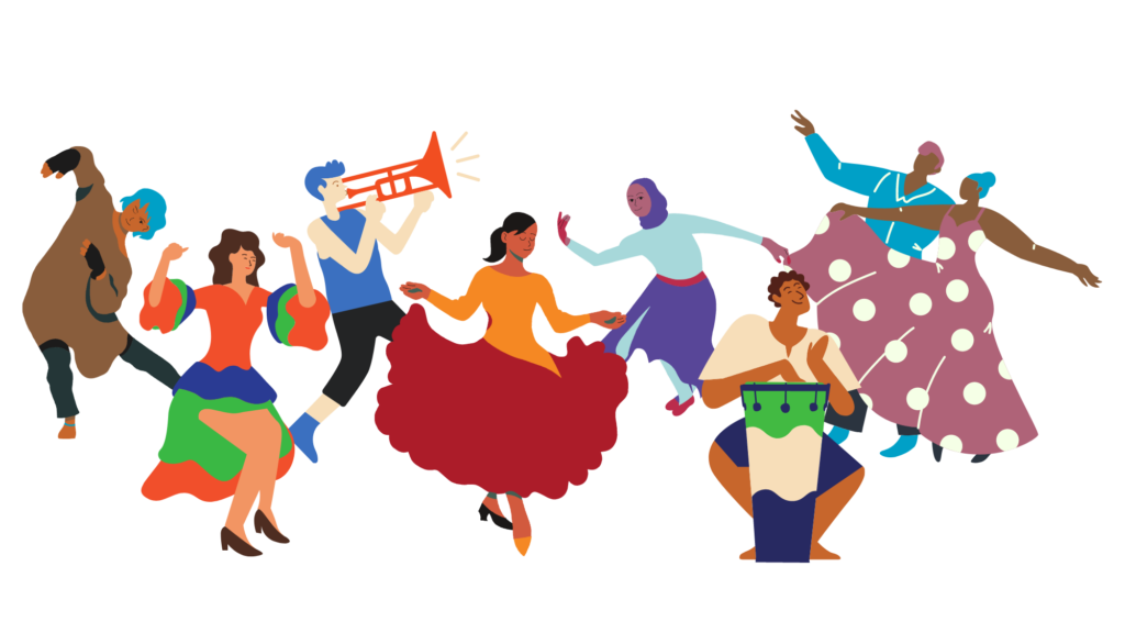 Colorful illustration of people playing instruments and dancing