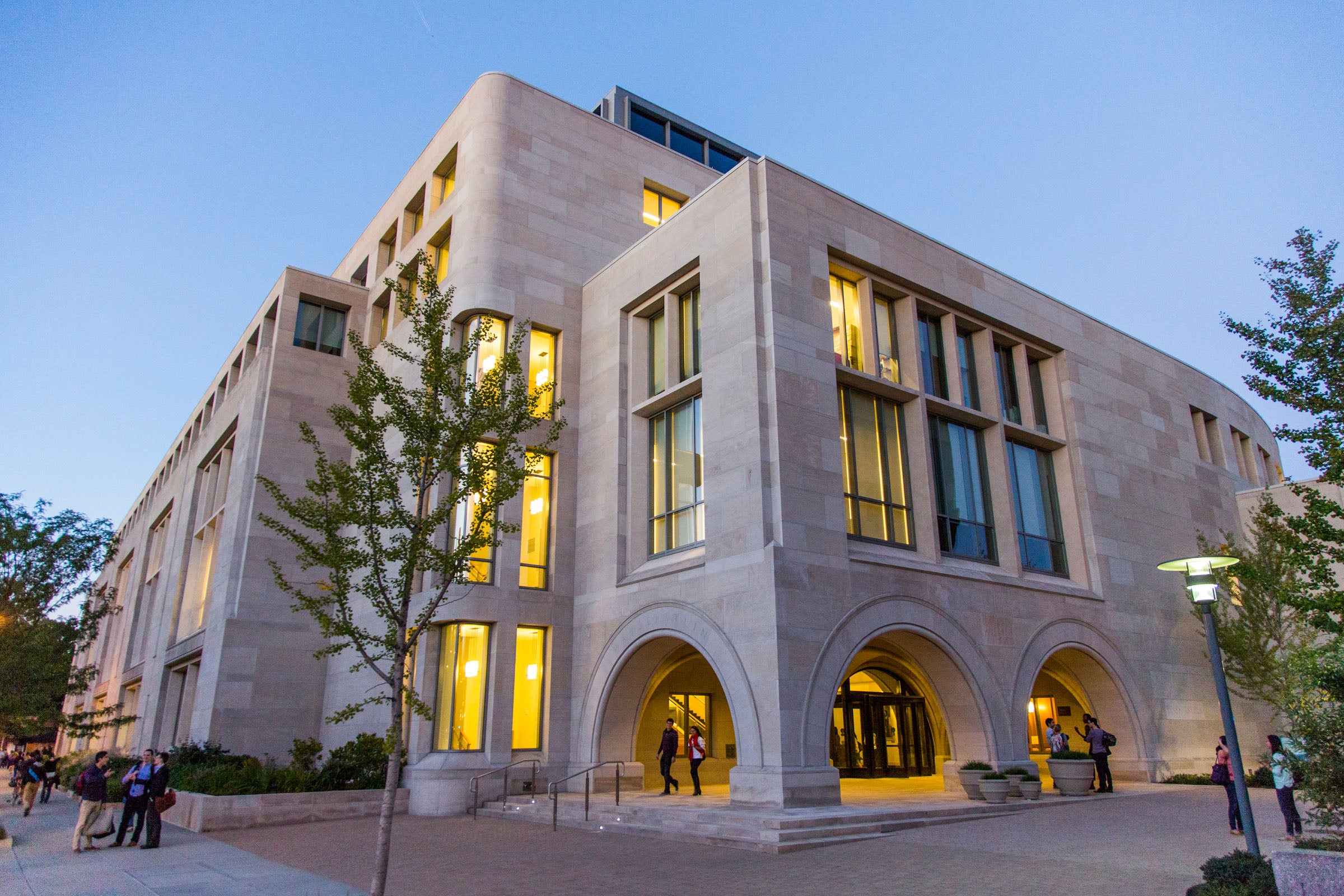 Exterior of south entrance to WCC lit up at dusk