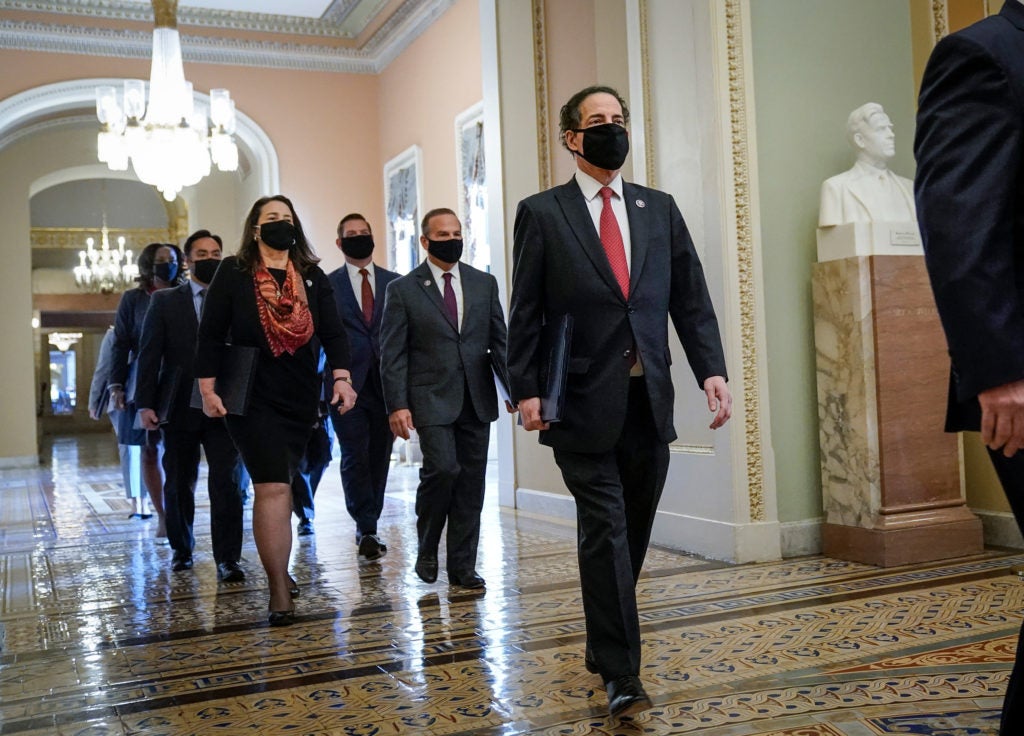 Jamie Raskin walking to Senate Chamber followed by house impeachment managers
