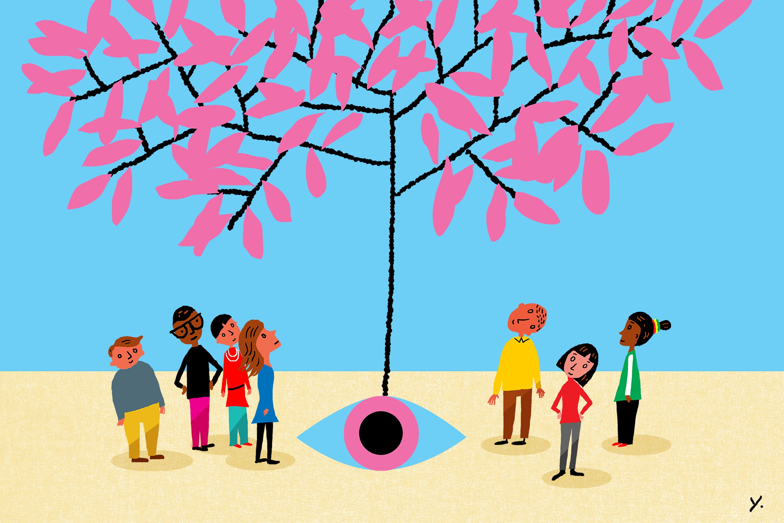 Illustration of people looking up at a tree with pink leaves growing from a seed in the ground.