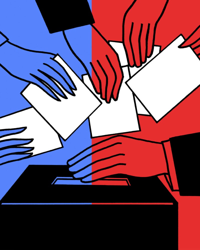 Red and blue colored hands holding ballots ready to drop in a black ballot box at the center of the illustration.