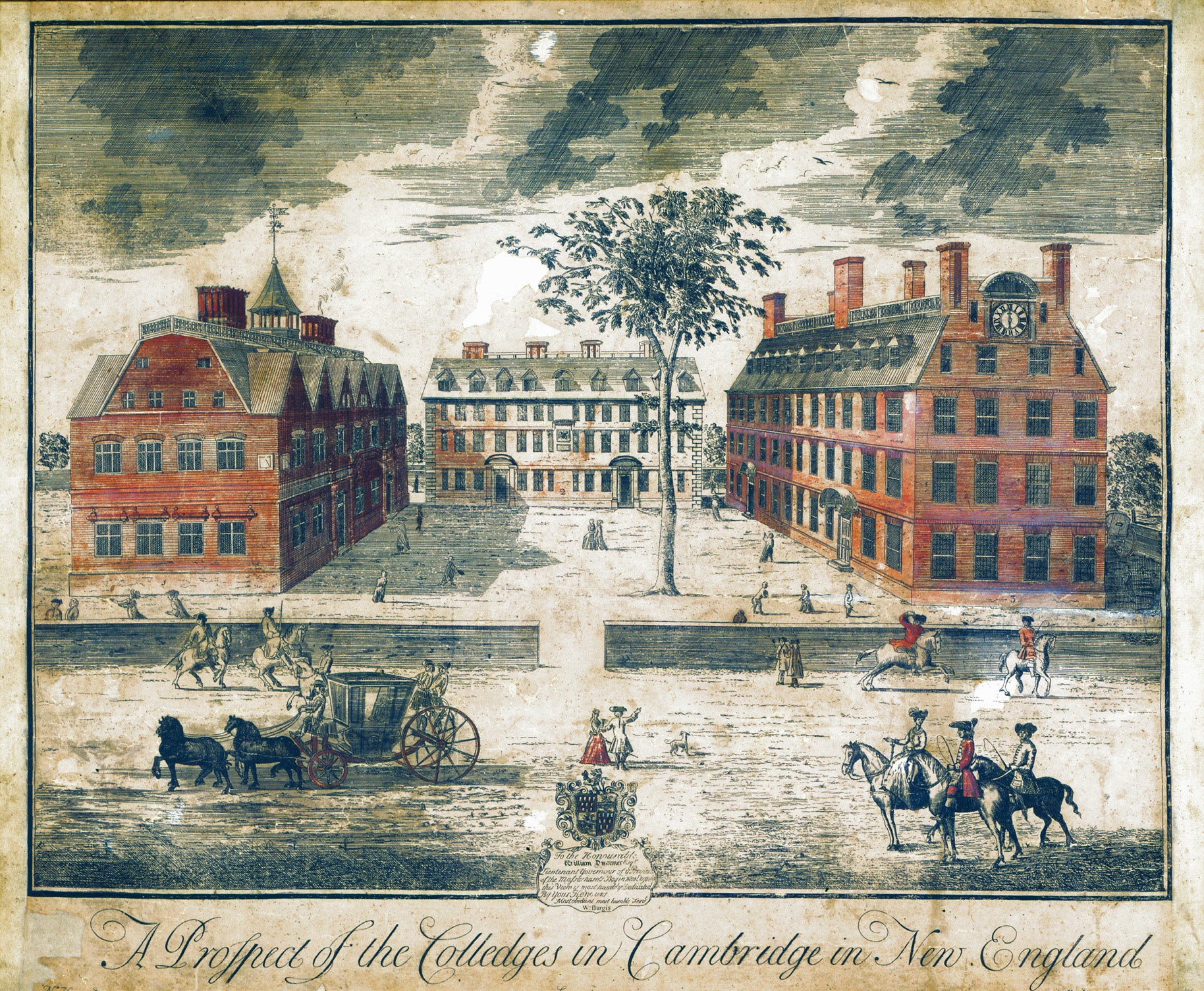 A drawing of Harvard Yard at its founding