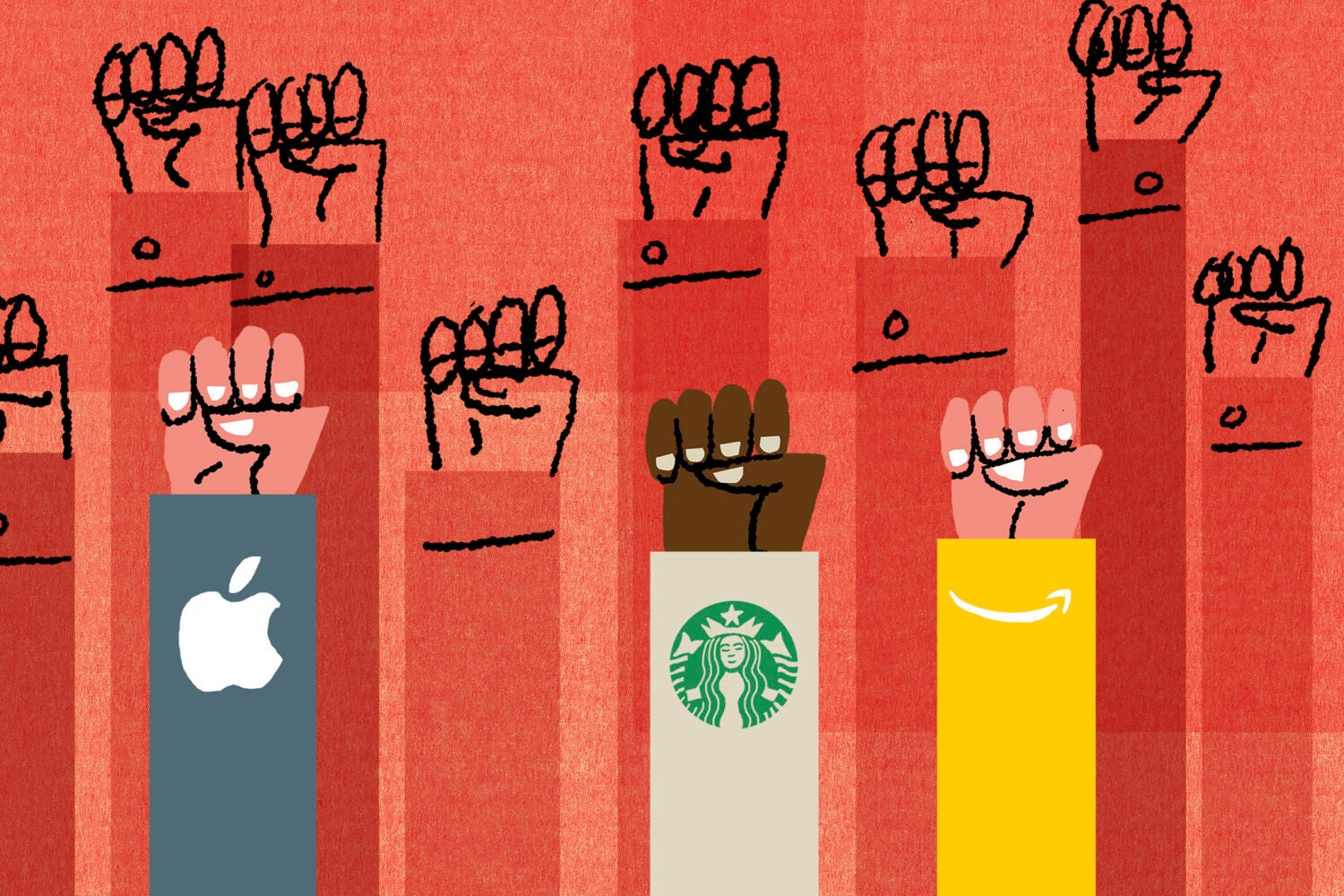 On a vivid orange background eleven arms are raised with clenched fists with the symbols of various corporate entities in their sleeves.