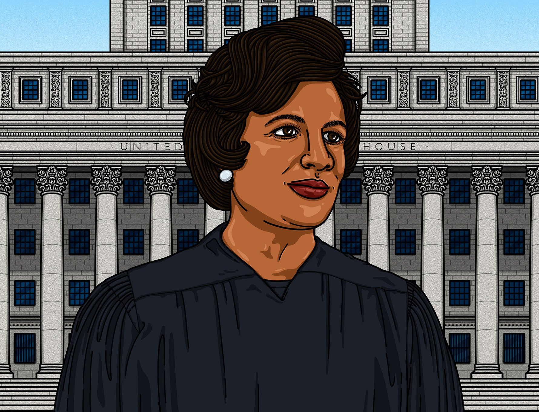 An illustration of a wearing a black judges robe standing in front of a courthouse