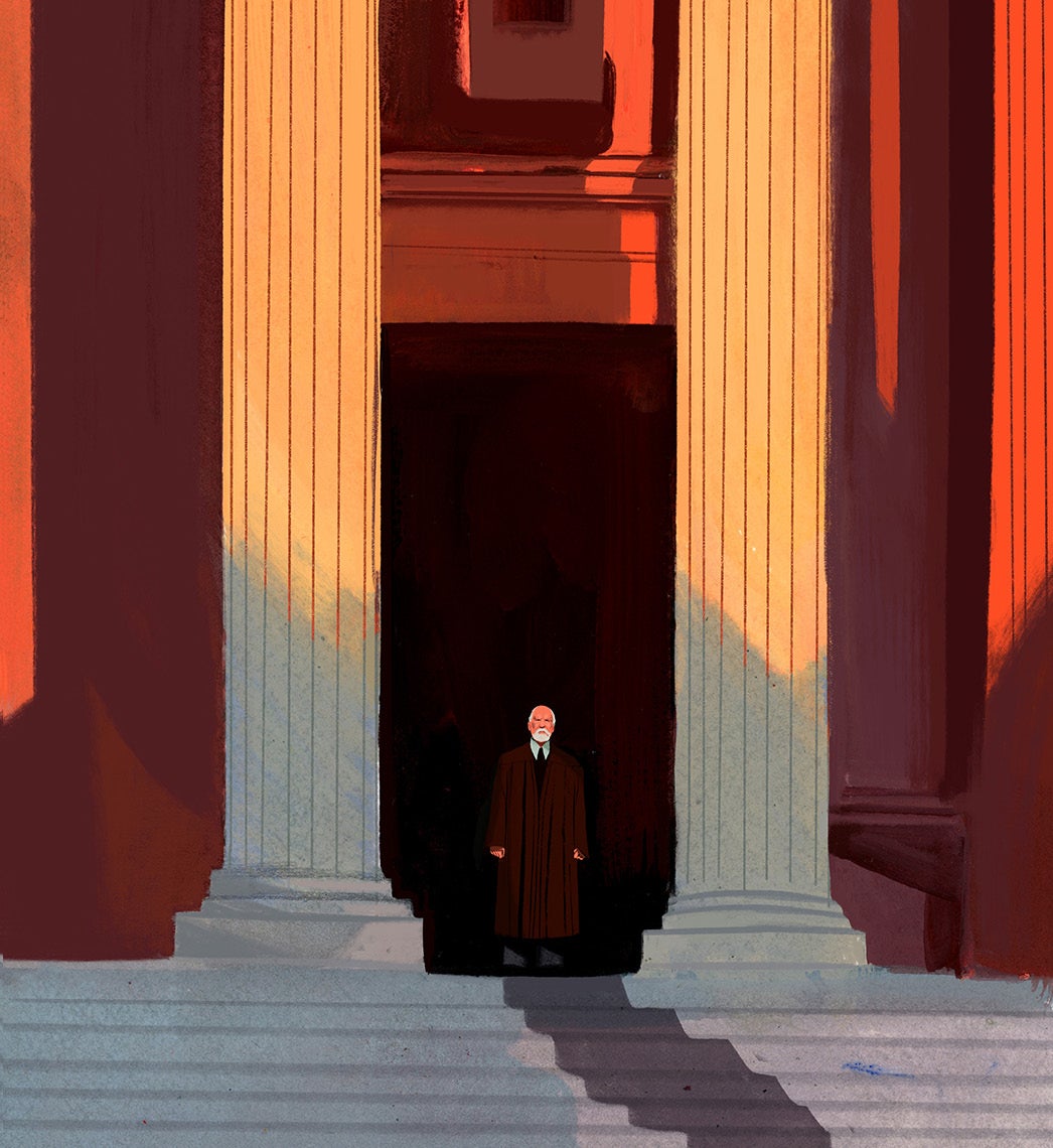 An illustration of a man in the likeness of Charles Evan Hughes standing between two large columns