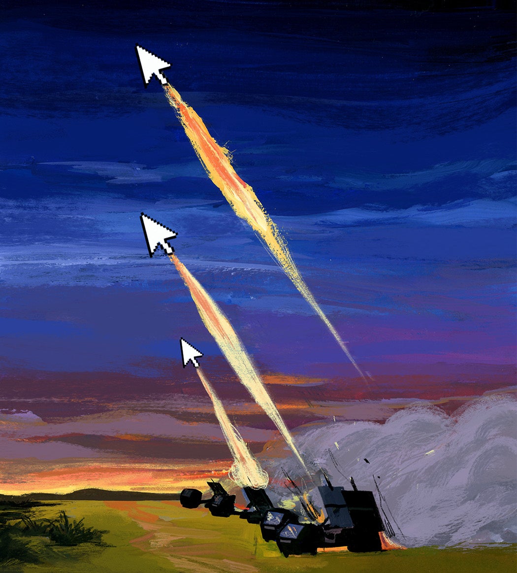 An illustrated battle scene where cursor arrows are being launched