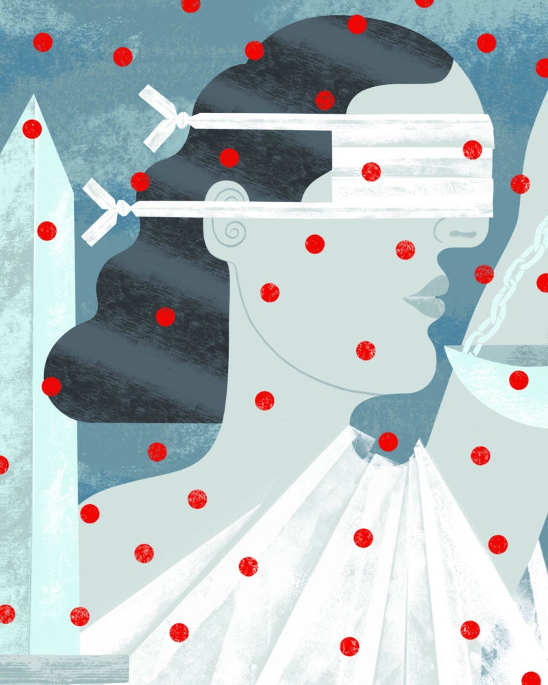 An illustration of Lady Justice in white blindfolded with a mask to prevent COVID which is represented by red dots scattered around
