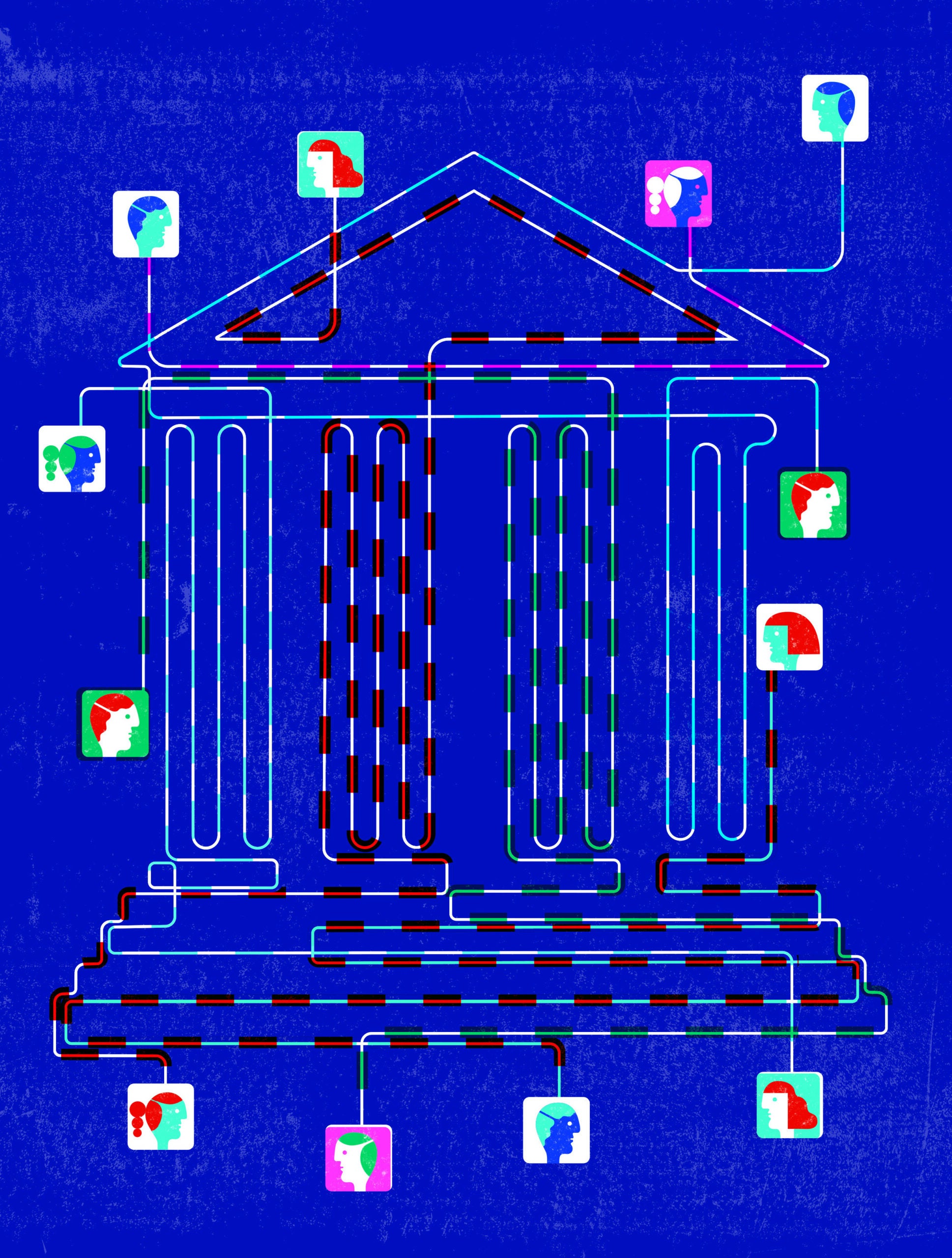 An illustration of a courthouse created by lines connects people digitally.