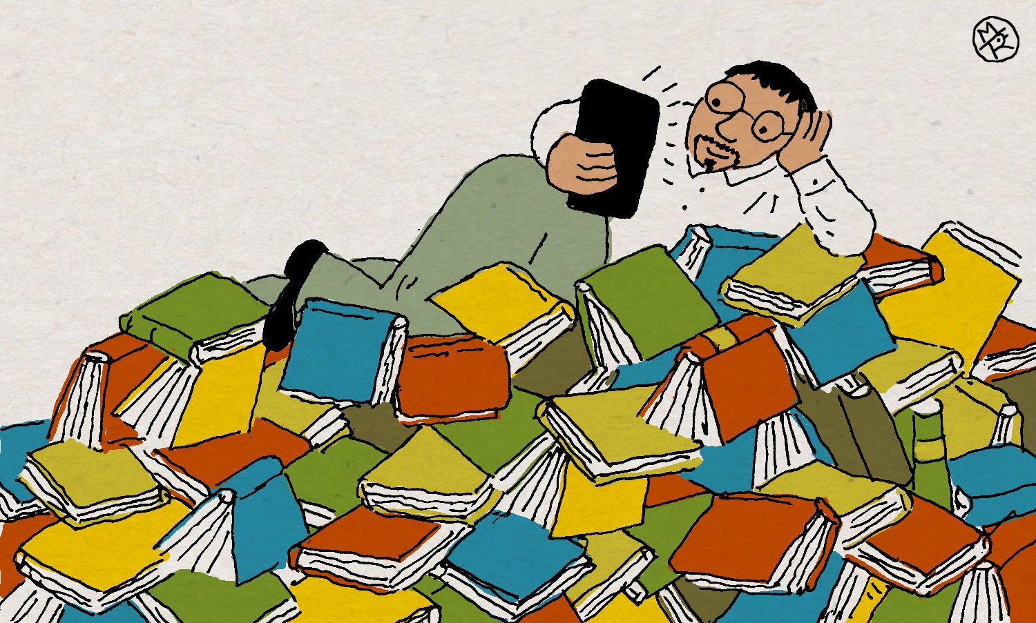 An illustration of a man laying on a pile of green, yellow and red books while looking at an electronic devise.