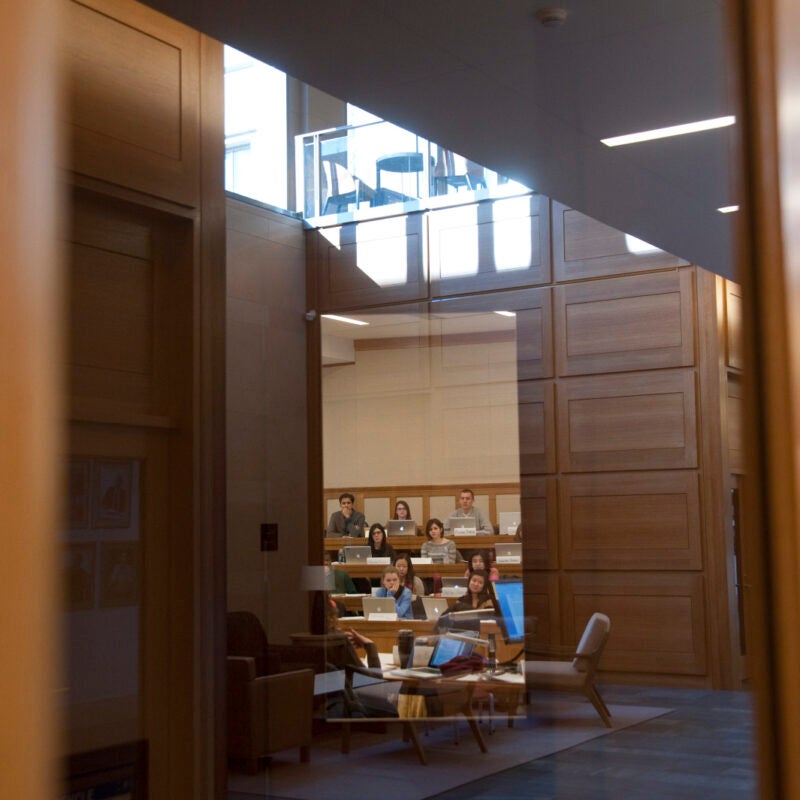 Doorways frame a WCC Classroom in the distance