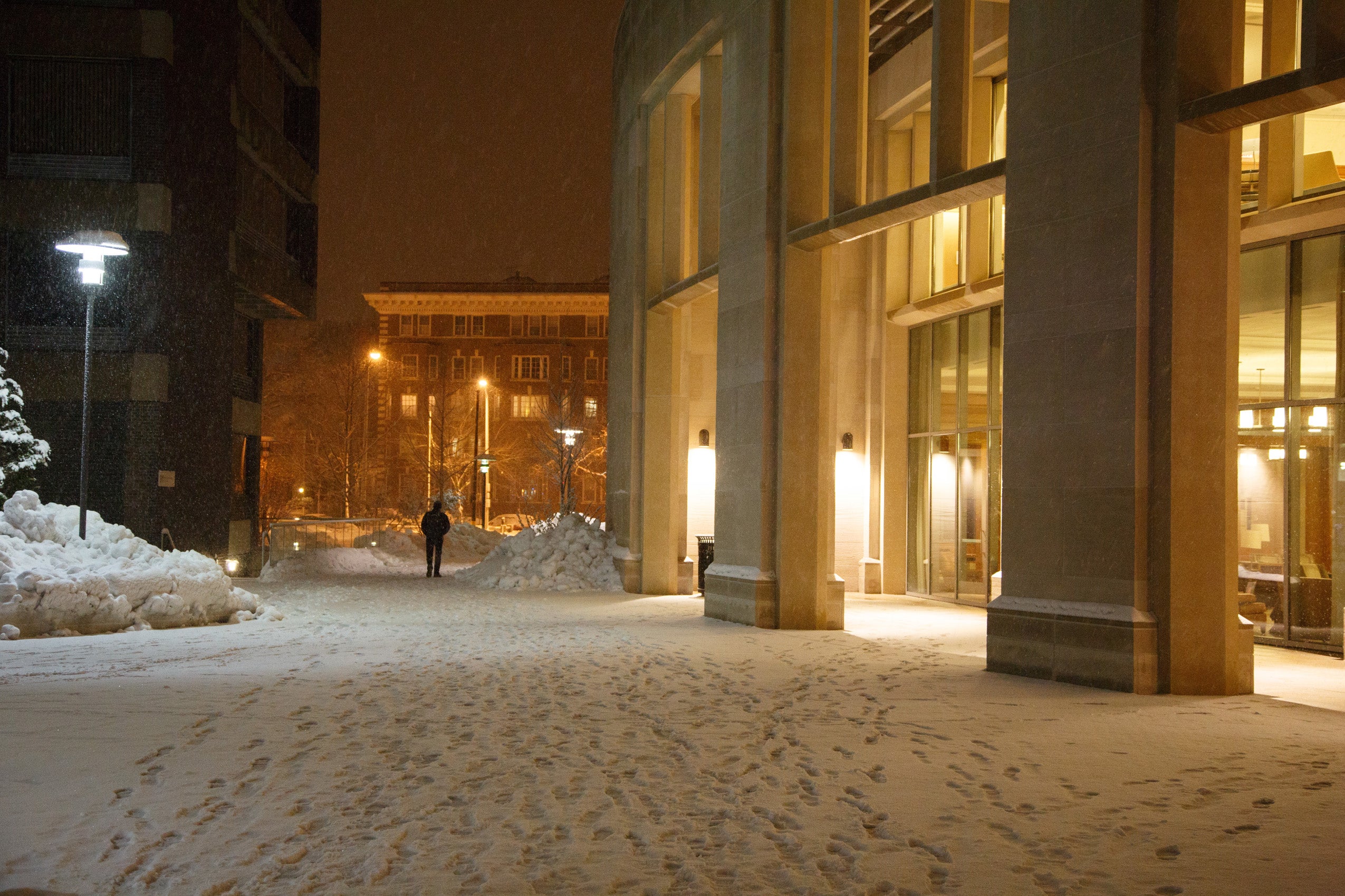 snow on HLS campus in evening