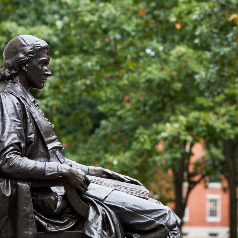 John Harvard statue in Harvard Yard