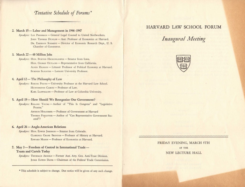 Program for the Inaugural Meeting of the Harvard Law School Forum