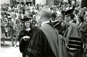 1972 Commencement student shakes hand of Albert Sacks