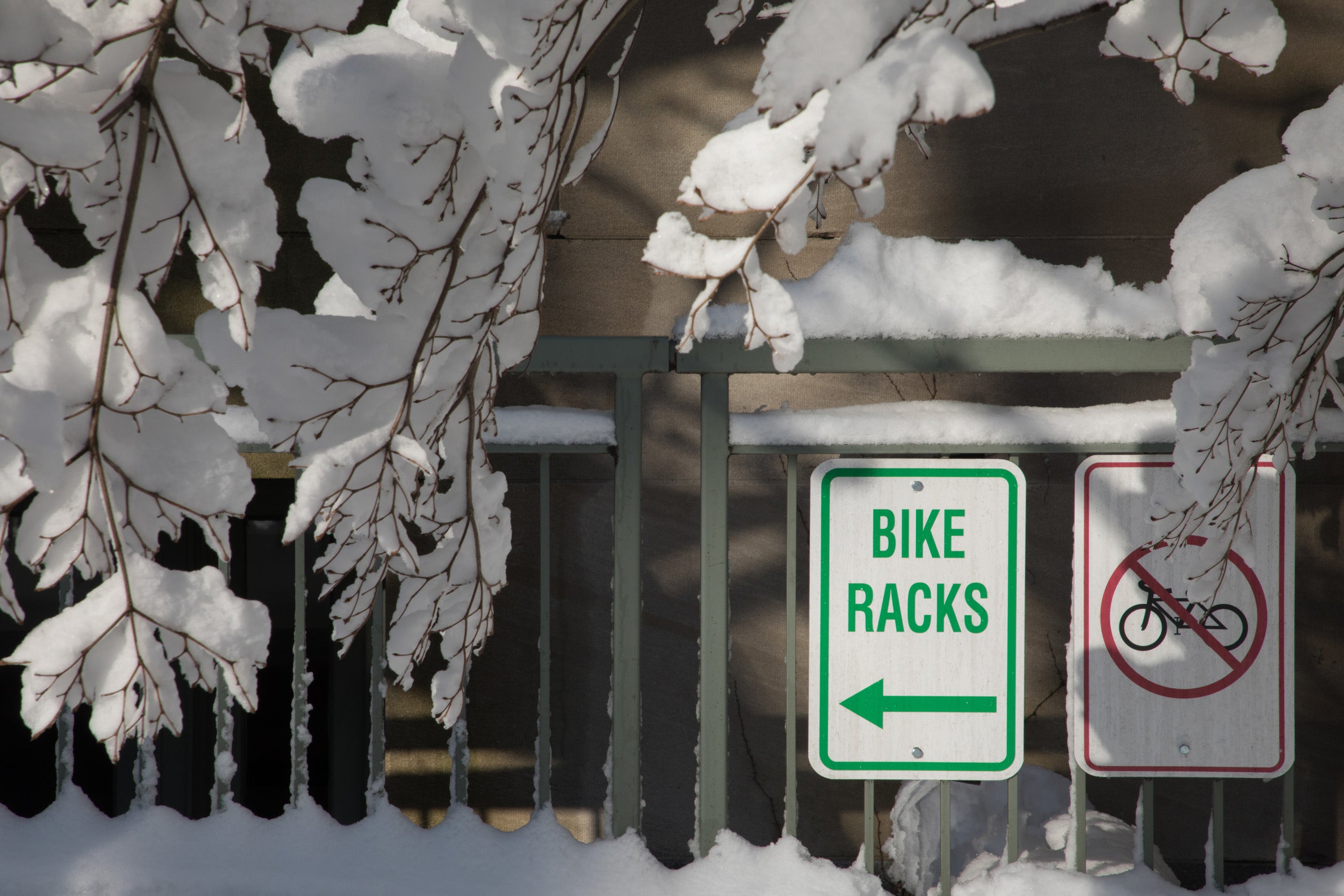 bike rack sign in the snow