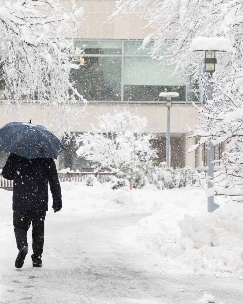 Man walking in snow on campus