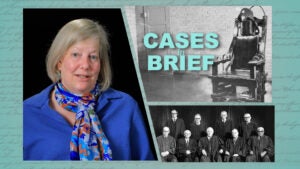 collage with Carol Steiker and electric chair and historic Supreme Court