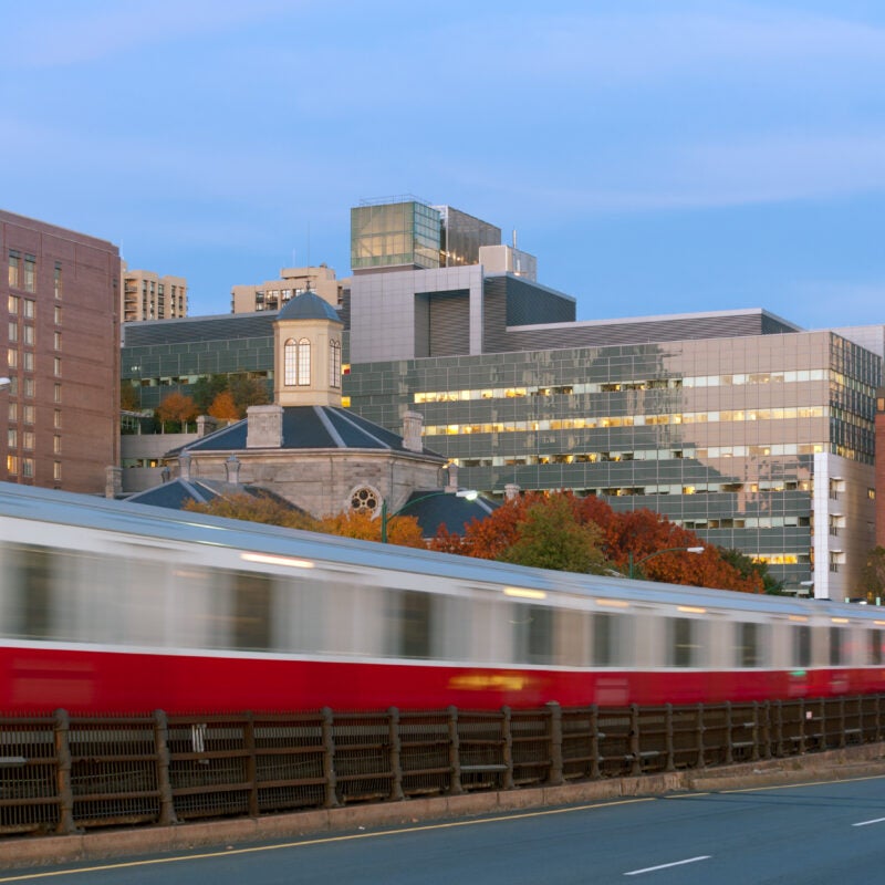 Red line subway train in motion blur in Boston