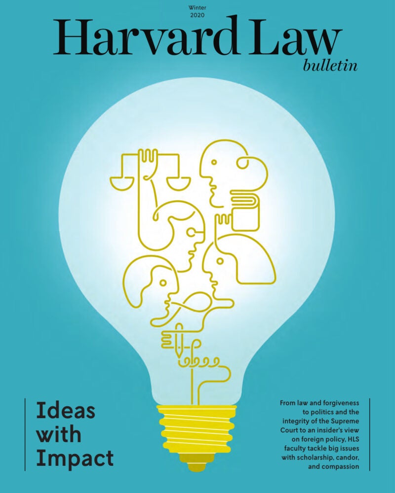 Cover of Harvard Law Bulletin Winter 2020 issue of the Harvard Law Bulletin A lightbulb with the title 