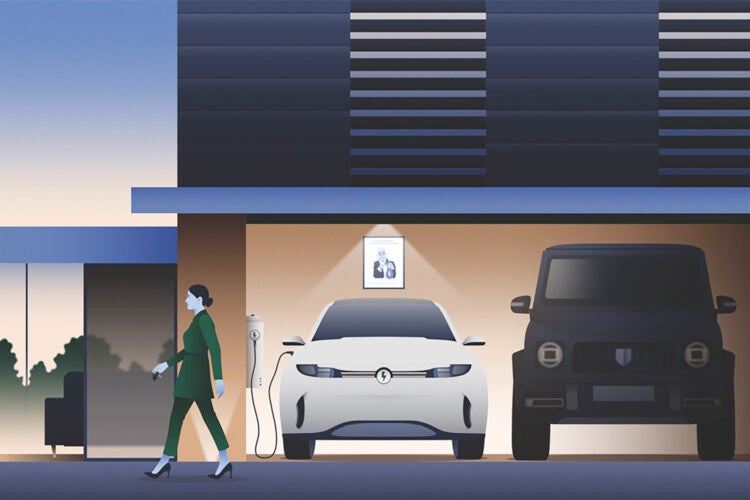 Illustration of an electric vehicle in a garage.