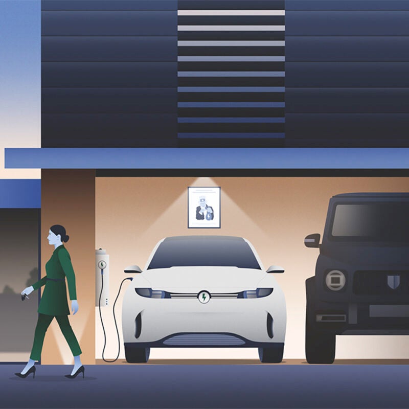 Illustration of an electric vehicle in a garage.