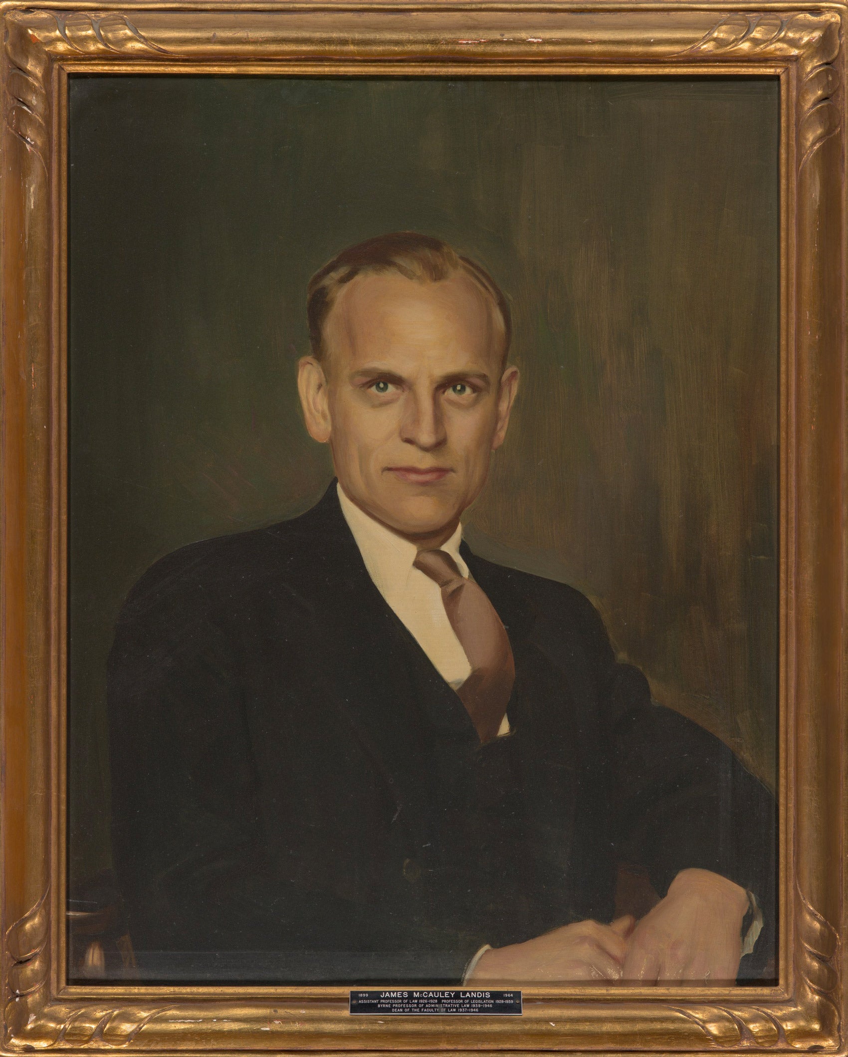 Photograph of a portrait painted of James McCauley Landis in a gold frame