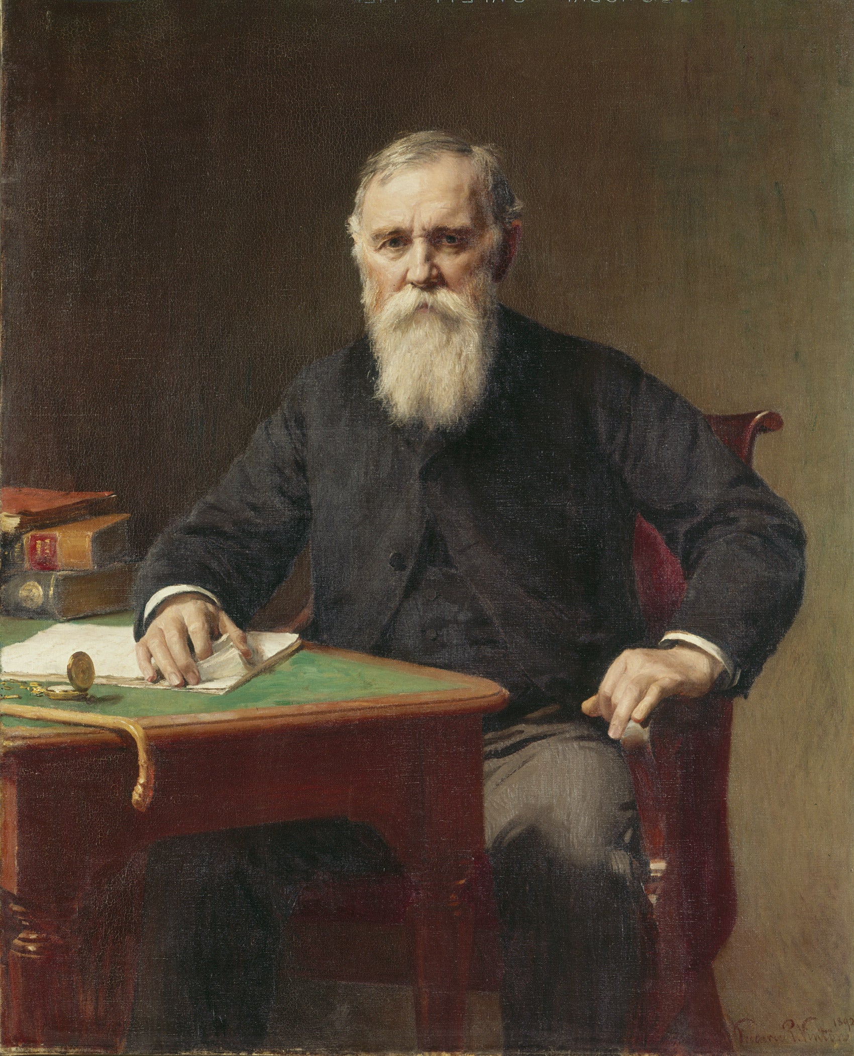 Painting of man with a long white beard sitting at a desk