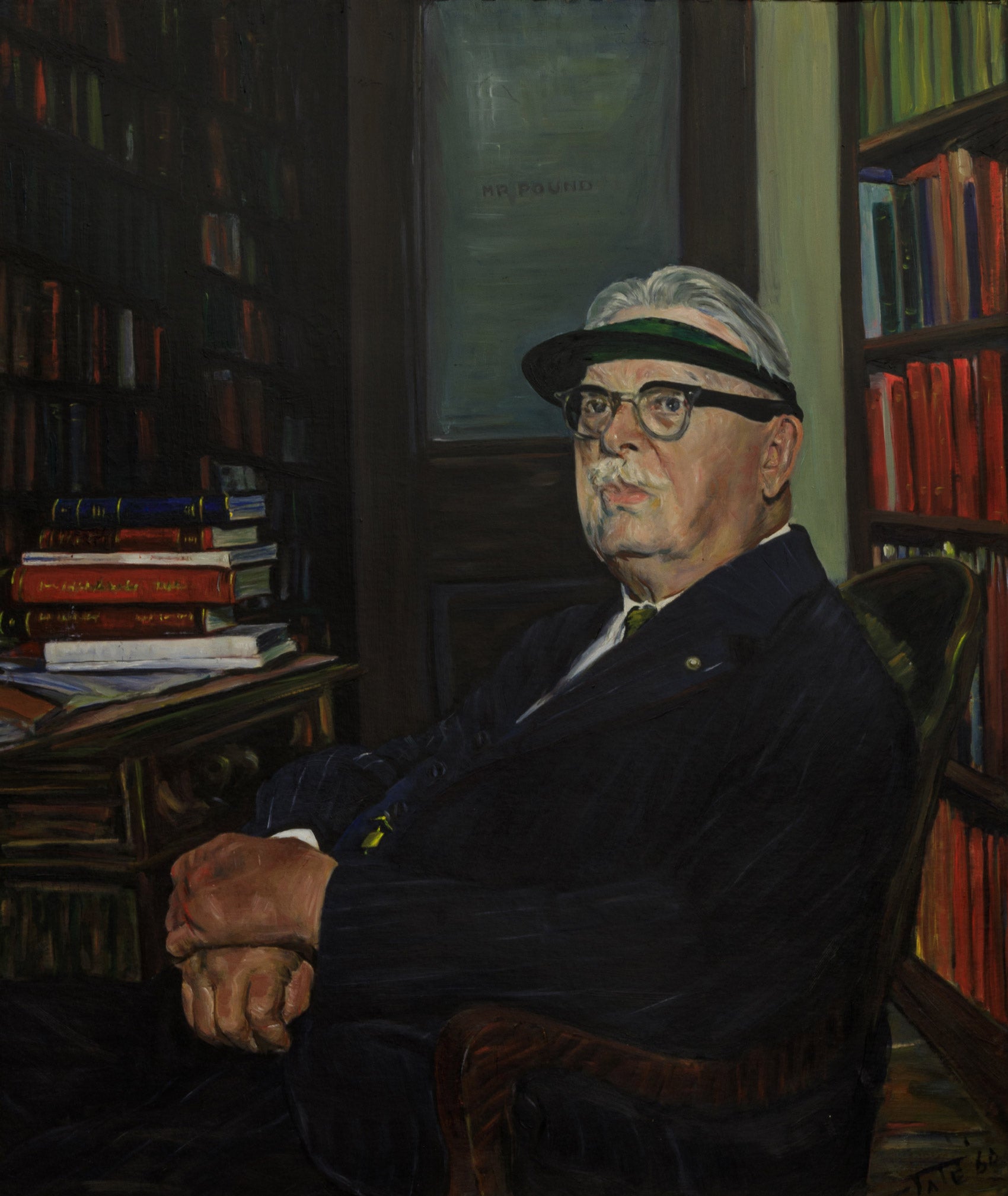 Painted portrait of Roscoe Pound sitting at a desk and surrounded by bookshelves.