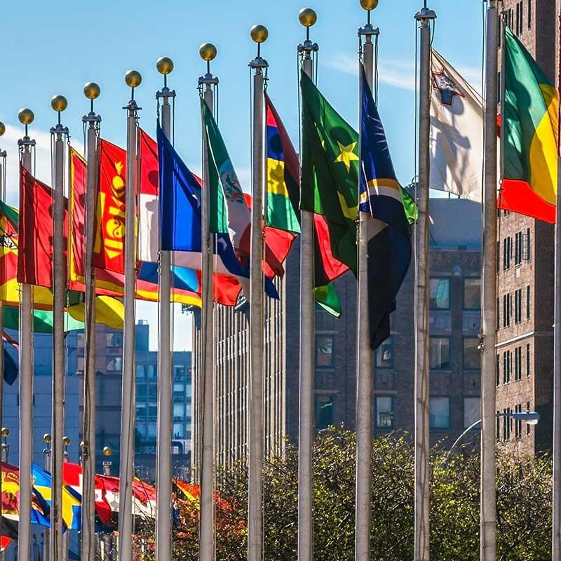 International flags in front of UN headquarters