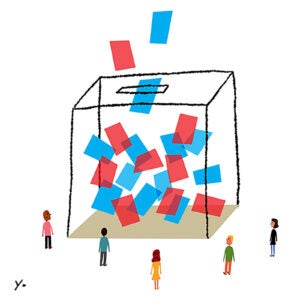 An illustration of a large ballot box with people standing around the box looks at the red and blue ballots