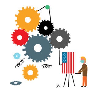 An illustration of a person at a U.S> voting booth connected to a series of gears