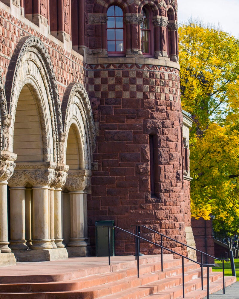 Exterior of Austin Hall in the fall.