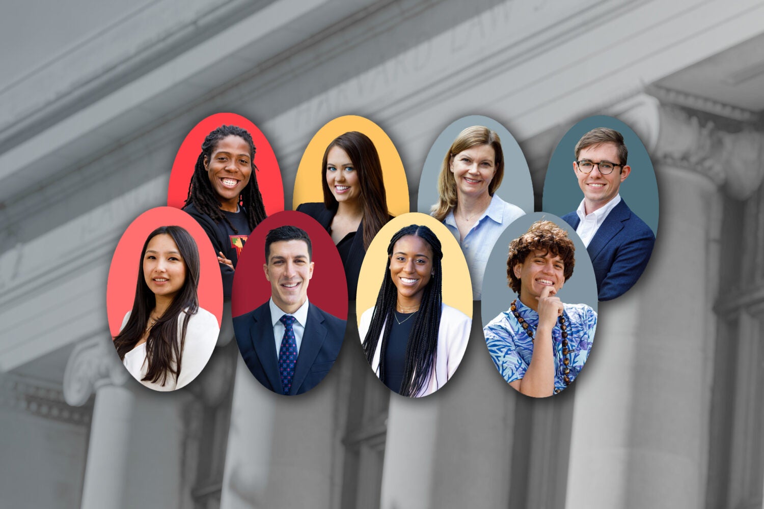 Portraits of eight graduating students, each in a colored circle, over a faded background of the Harvard Law School Library.