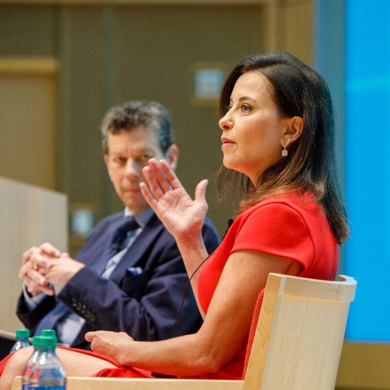 A woman in a red dress speaking David Wilkins in the background