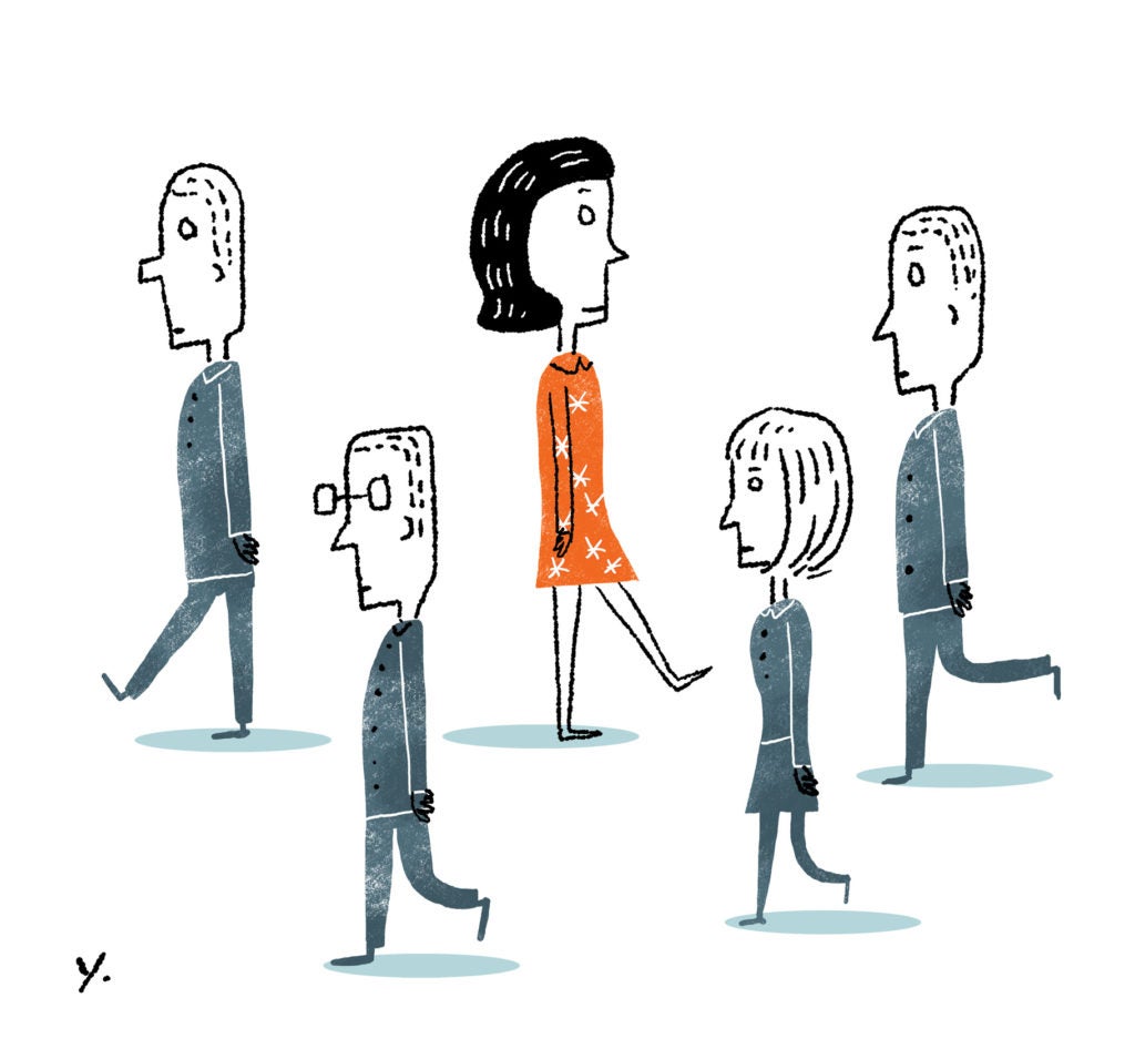 illustration a woman walking one way and four people walking the other way