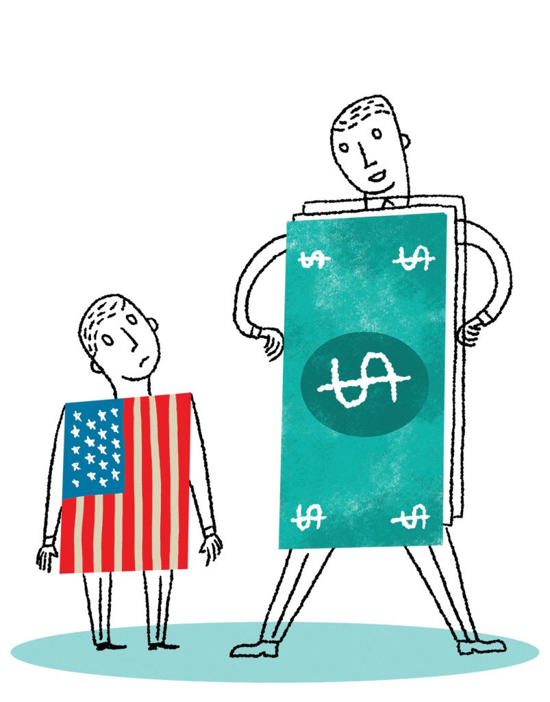 Illustration a short person wearing an American flag and a tall person wearing a money bill