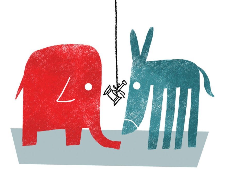 An illustration a red elephant and and blue green donkey