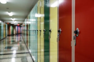 Close up of the colorful lockers in the underground tunnels that connect law school campus buildings.