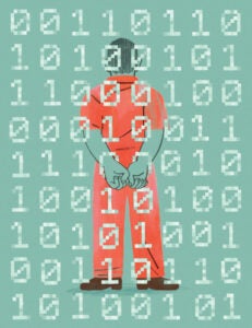 Illustration a man in a prisoners orange jumpsuit behind a curtain of computer code
