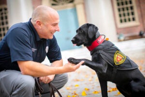 Photo of man bending down and reaching for the paw of a dog wearing a Harvard University Police emblem.