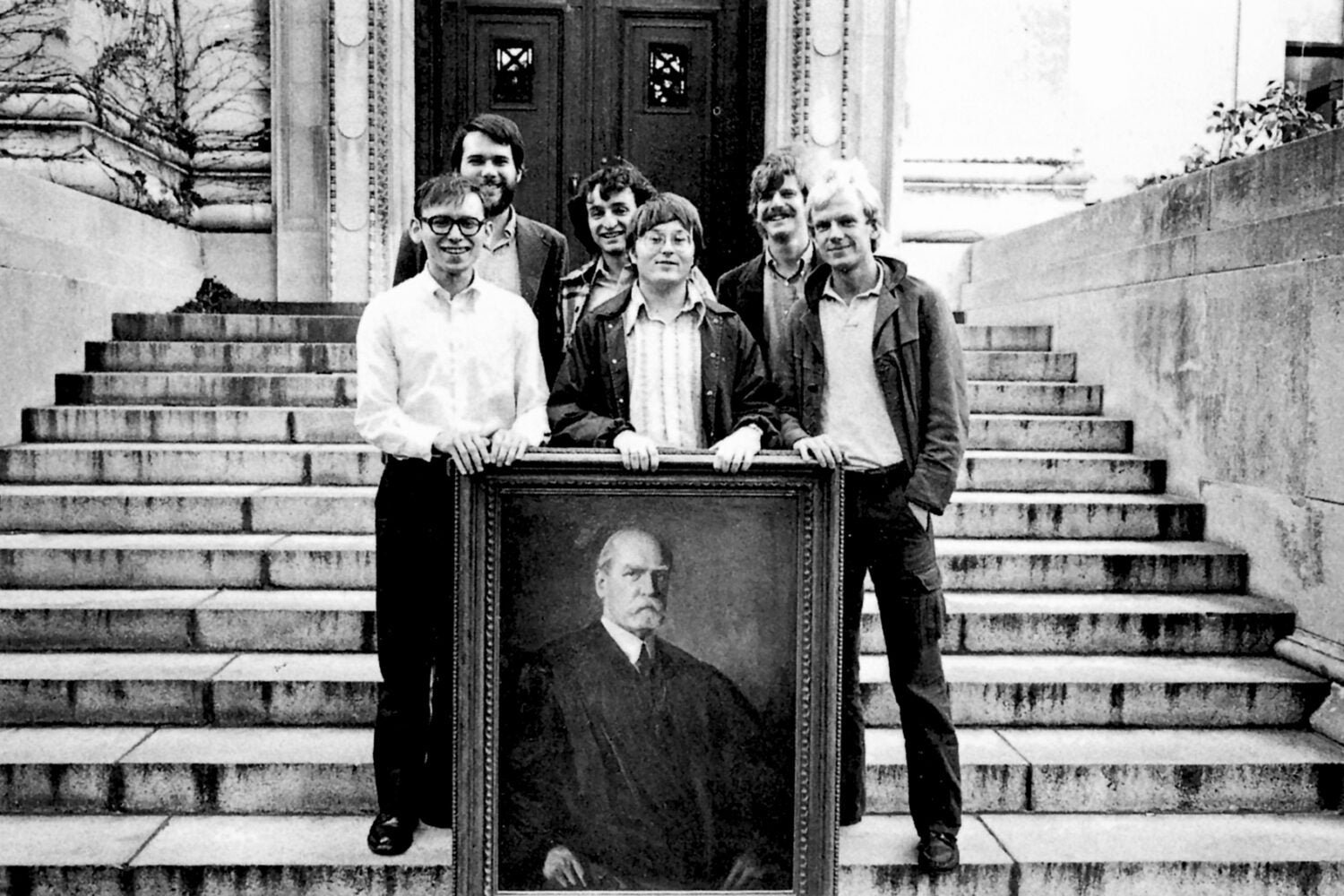Photo of the Hughes Club outside the 1975 Ames Moot Court Competition.