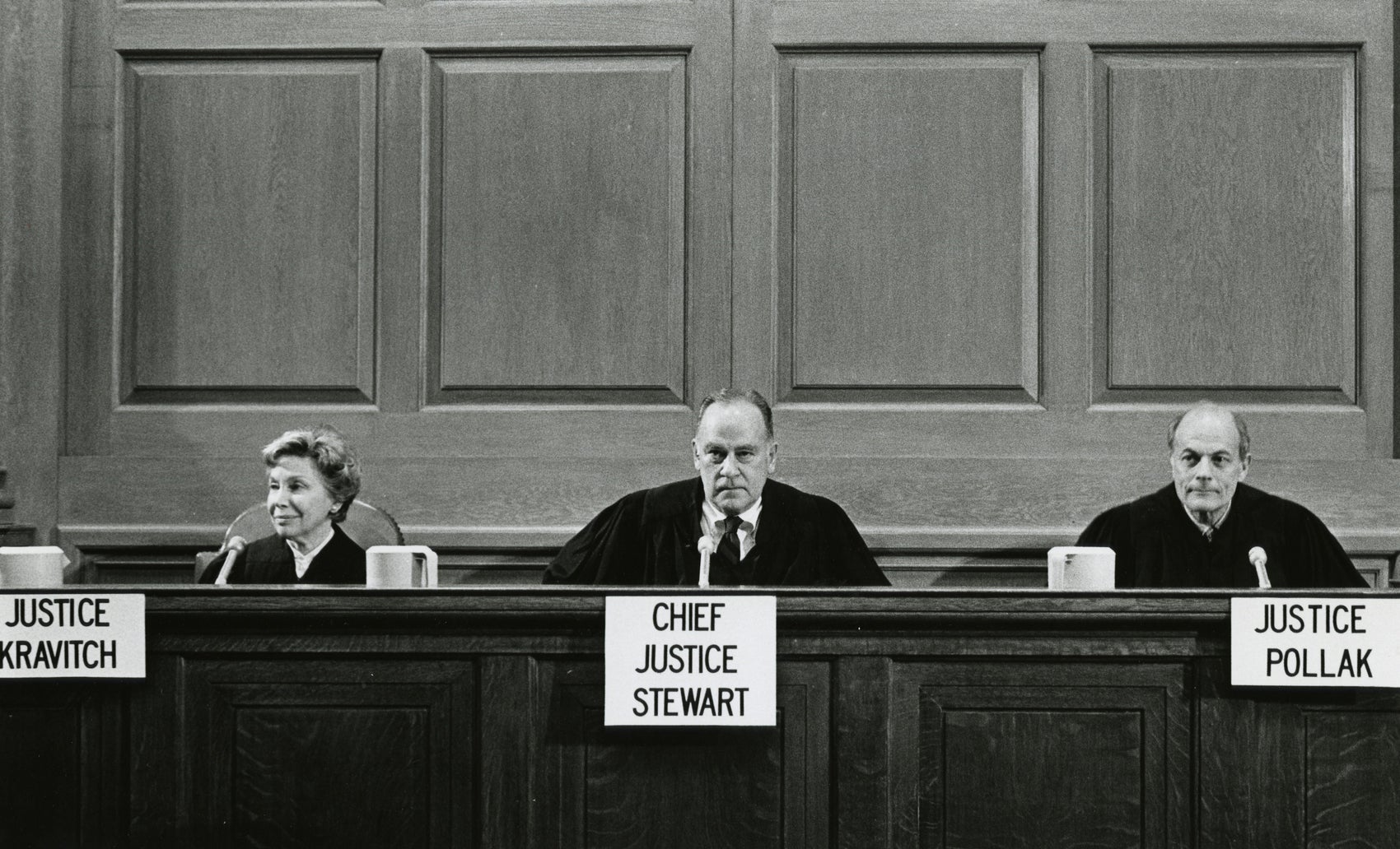 Justicies Potter Stewart, Phyllis Kravitch, and Louis Pollak at the 1979 Ames Moot Court.